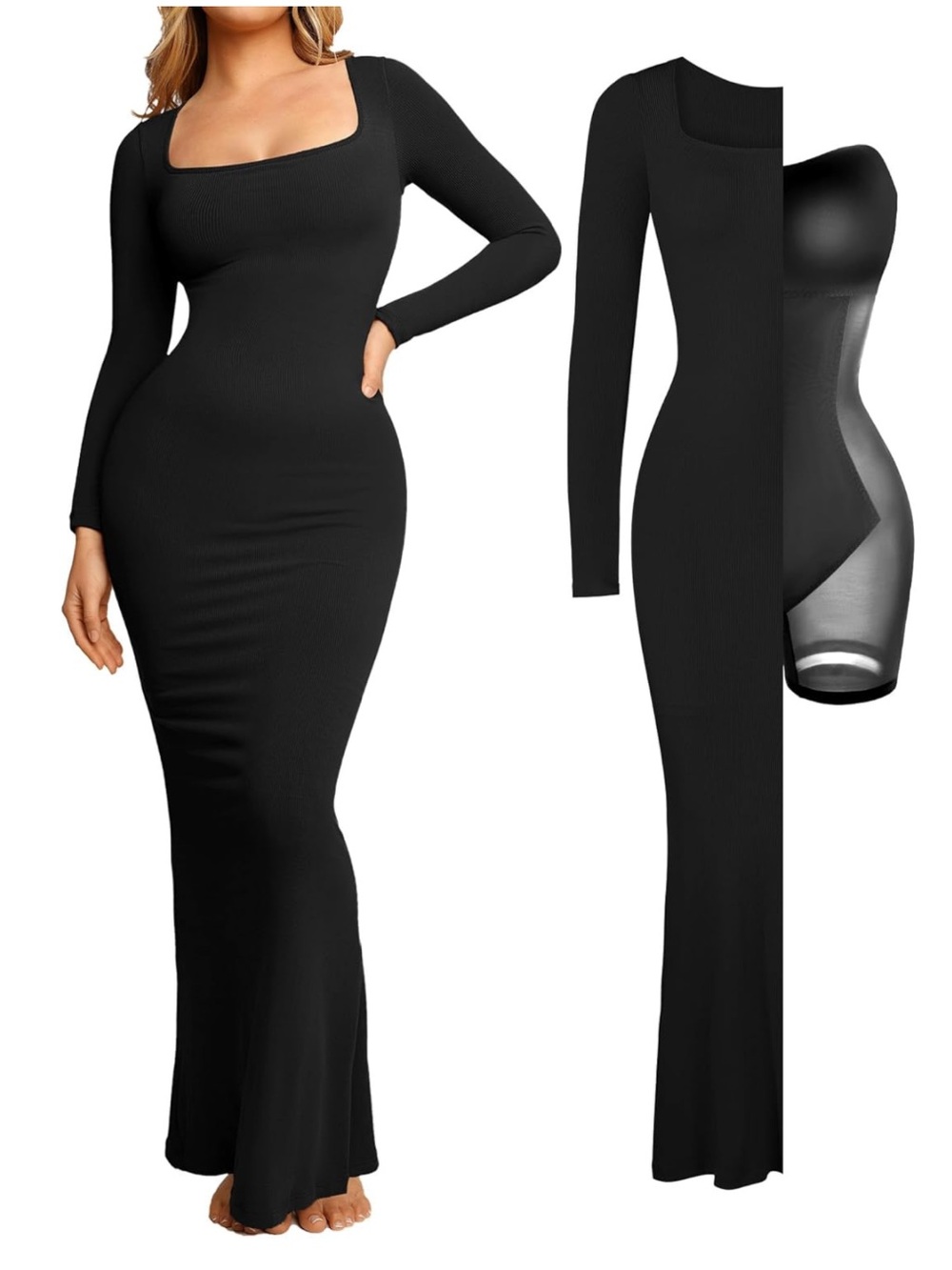 Elegant Black Long-Sleeve Square Neck Bodycon Maxi Dress